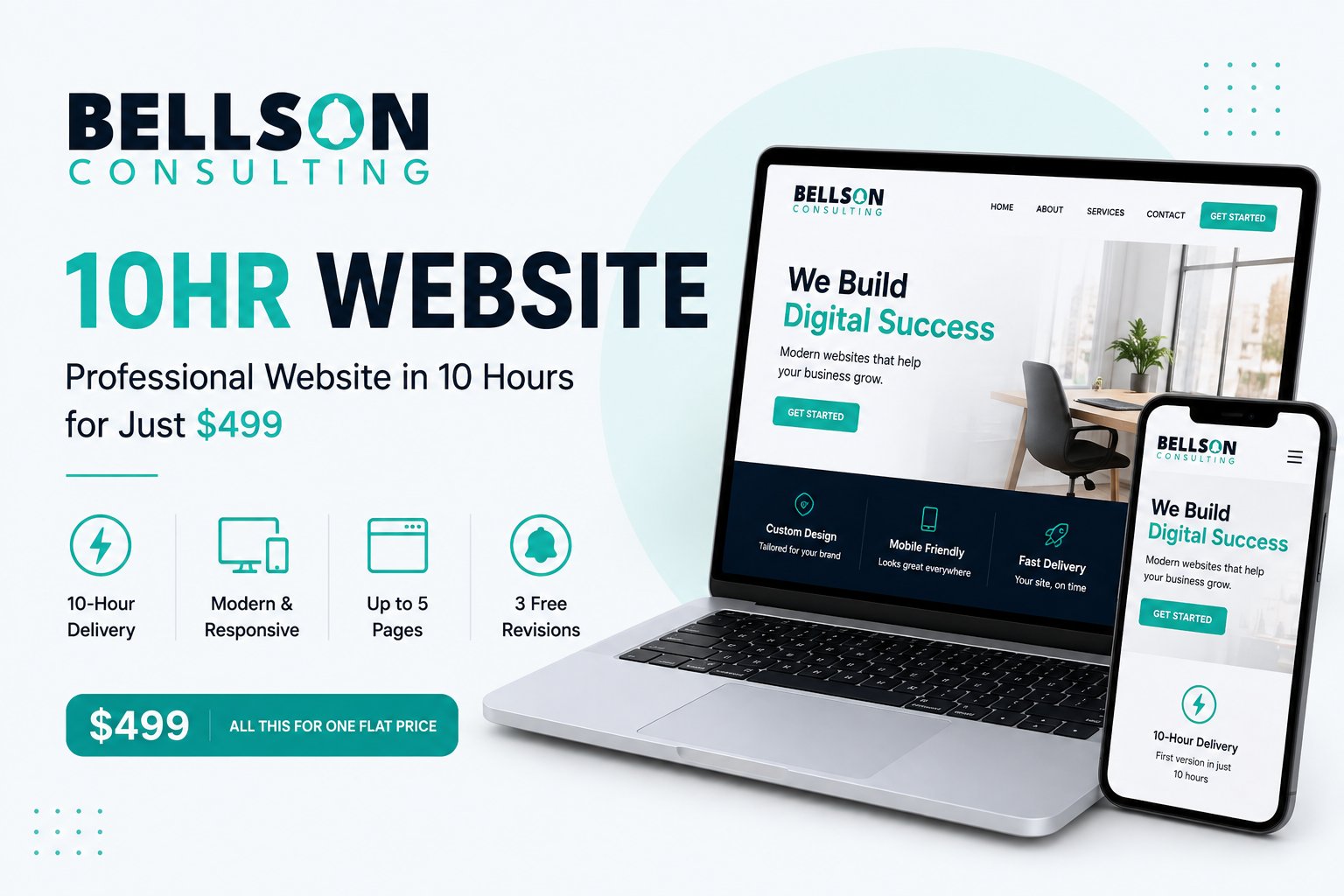 Bellson Consulting 10HR Website — professional business website in 10 hours for $499, shown across laptop and mobile