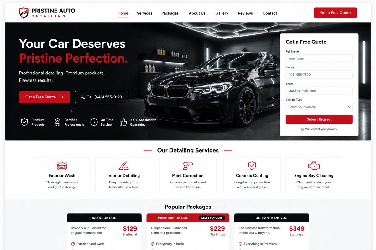 Auto services / detailing website design concept — hero with quote form, service tiles, package pricing