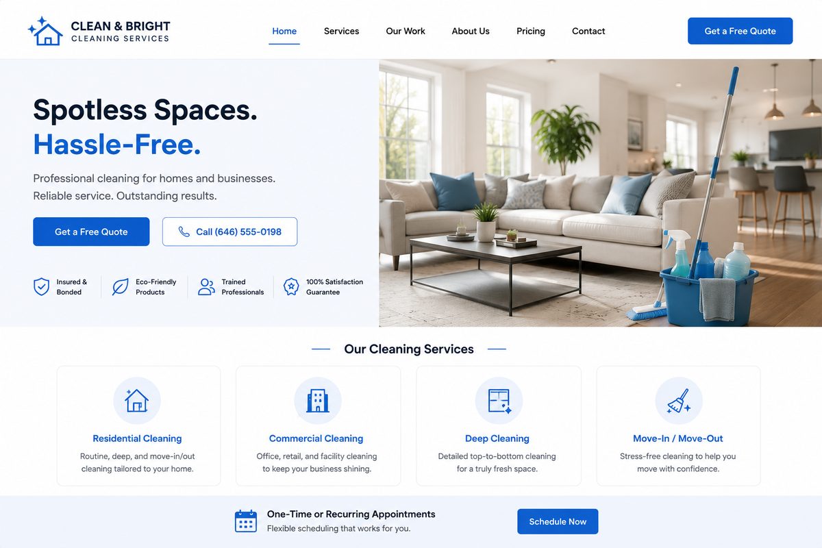 Cleaning / home services website design concept — clean hero, trust indicators, service categories