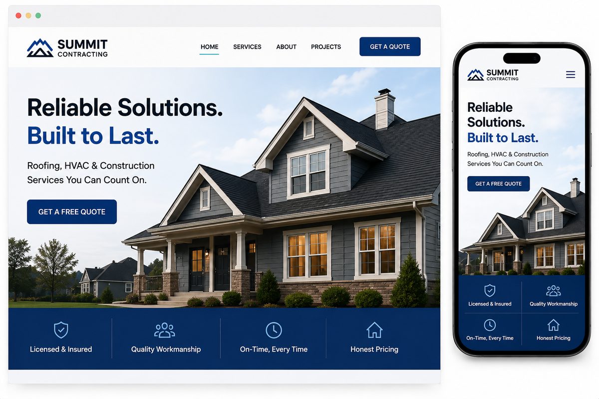 Contractor / roofing / HVAC website design concept — hero, service badges, quote CTA