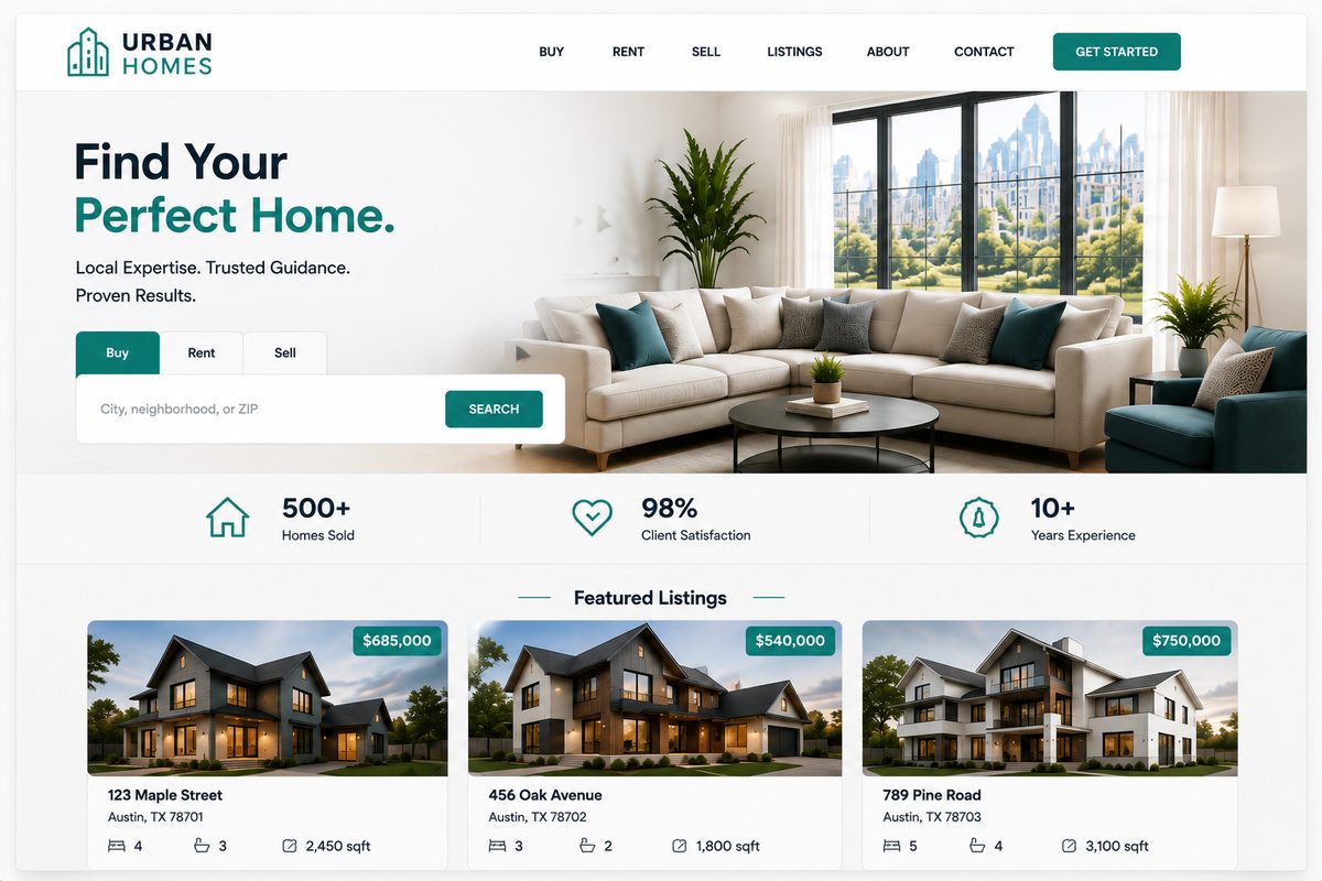 Realtor / property services website design concept — search hero, featured listings, stats bar