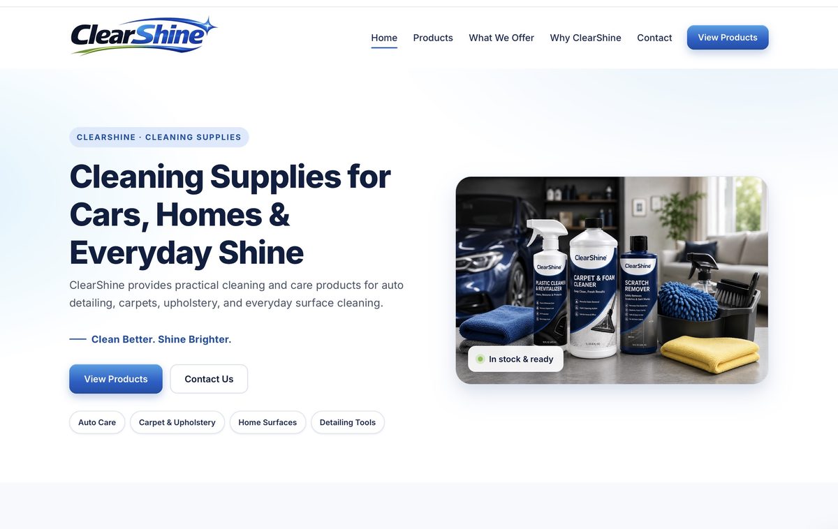ClearShine cleaning products website homepage designed and developed by Bellson Consulting
